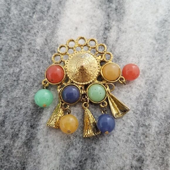 Vintage Funky Beaded Gold Tone Brooch, Retro 80s Design, estate - Picture 1 of 5